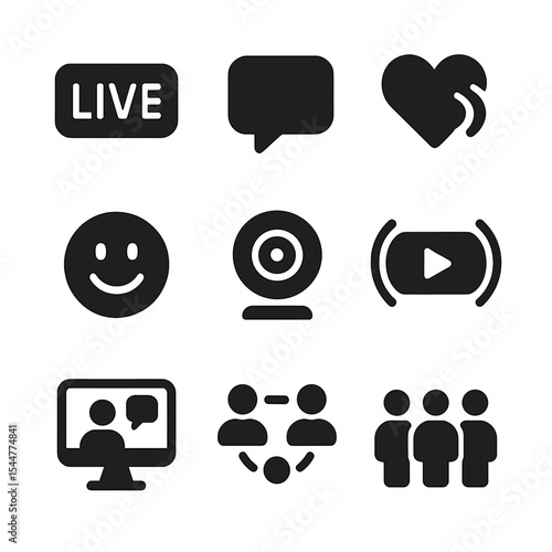 Live Streaming Icons. Solid, filled icons set of live streaming and interactive content: live icon, chat