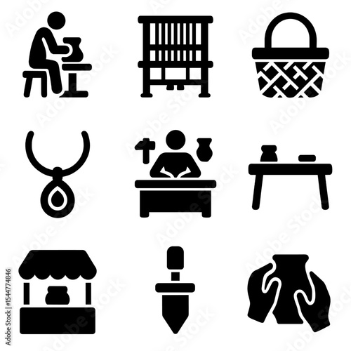 Local Artisan Icons. Solid, filled icons set of local artisan tourism: pottery wheel, weaving loom, handmade