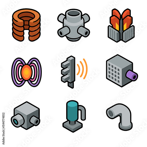 Fusion Reactor Icons Set. Isometric Flat icon set of fusion reactor components: tokamak coil, vacuum chamber, divertor, magnetic