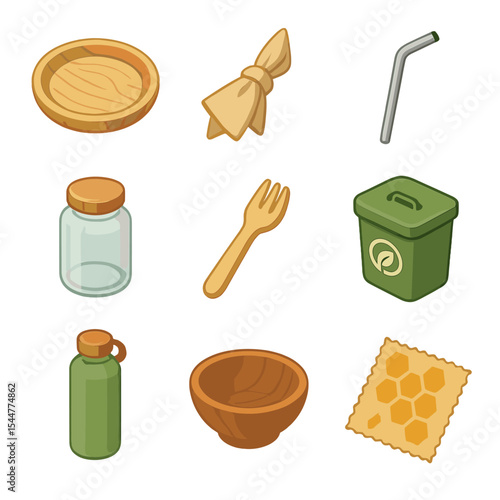 Sustainable Tableware Icons. Isometric Flat icon set of sustainable tableware: bamboo plate, cloth napkin, stainless steel straw,