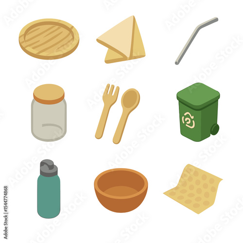 Sustainable Tableware Icons. Isometric Flat icon set of sustainable tableware: bamboo plate, cloth napkin, stainless steel straw,
