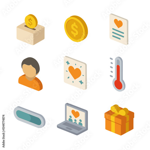 Fundraising Icon Set. Isometric Flat icon set of fundraising campaigns: donation box, dollar sign coin, pledge card, donor avatar,