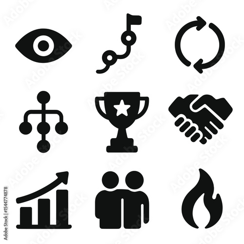 Long-Term Career Icons. Solid, filled icons set of long-term career support: vision plan, milestone tracker,