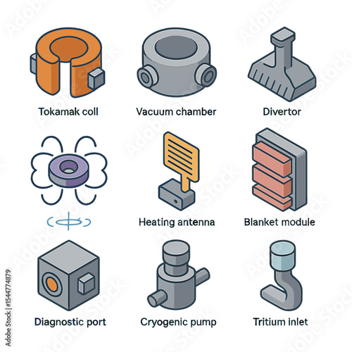 Fusion Reactor Icons Set. Isometric Flat icon set of fusion reactor components: tokamak coil, vacuum chamber, divertor, magnetic