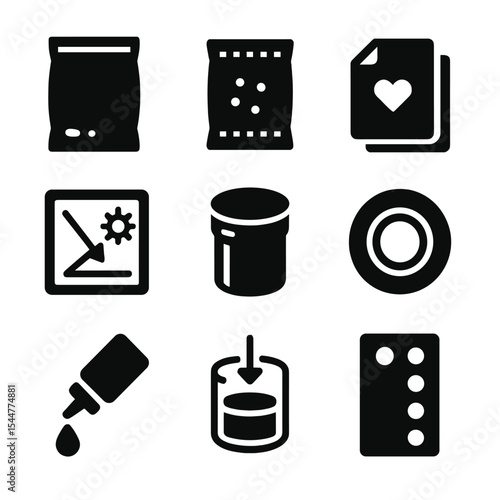 Preservation Materials Icons. Solid, Filled icon set of preservation materials: vacuum seal, silica gel pack, acid-free paper, UV