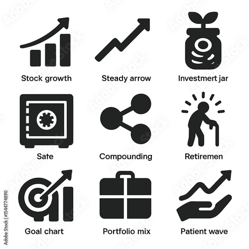Long-Term Investment Icons. Solid, filled icons set of long-term investing: stock growth, steady arrow,