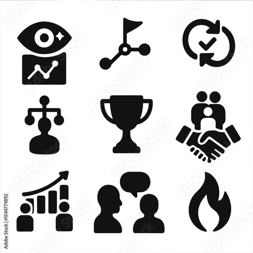 Long-Term Career Icons. Solid, filled icons set of long-term career support: vision plan, milestone tracker,