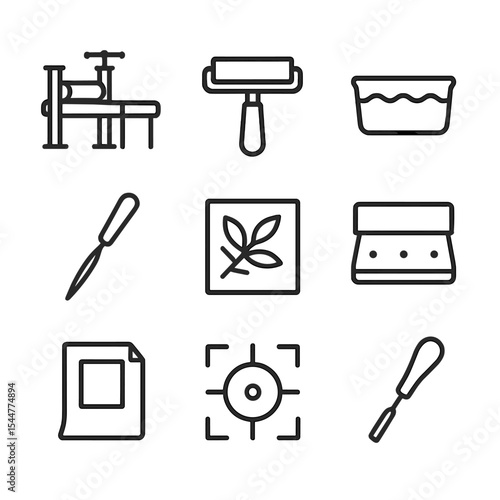 Printmaking Tools Icons. Outline icon set of printmaking and engraving tools: printing press, ink brayer, ink tray, etching needle