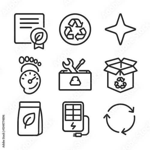 Sustainable Tech Icons. Outline icon set of sustainable tech shopping: eco certification leaf, recycled material badge,