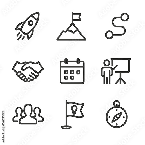 Project Kickoff Icons. Outline icon set of project kickoff meetings: launch rocket, flag on mountain, roadmap, handshake, calendar