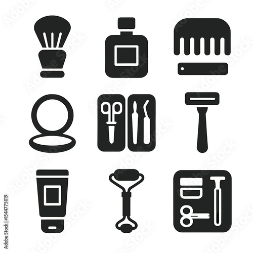 Luxury Grooming Icons. Solid, filled icons set of luxury grooming items: shaving brush, cologne bottle, beard