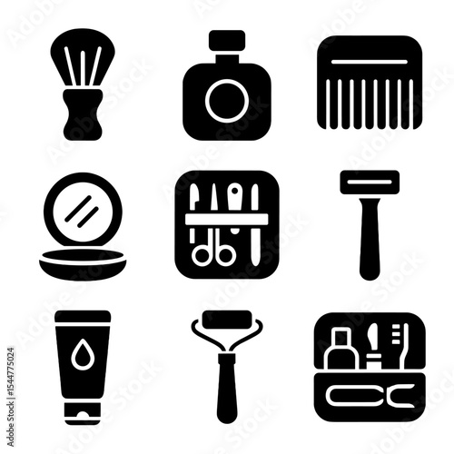 Luxury Grooming Icons. Solid, filled icons set of luxury grooming items: shaving brush, cologne bottle, beard