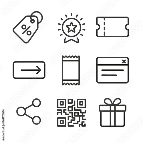 Promotional Packaging Icons. Outline icon set of promotional packaging: discount tag, limited edition badge, coupon icon,
