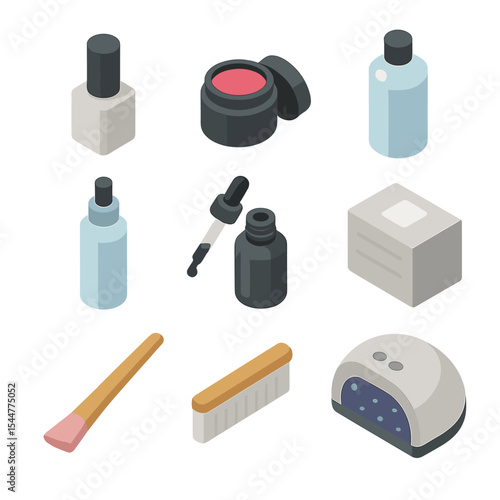 Gel Nail Icon Set. Isometric Flat icon set of gel nail products: base coat bottle, color gel pot, builder gel jar, top coat tube,