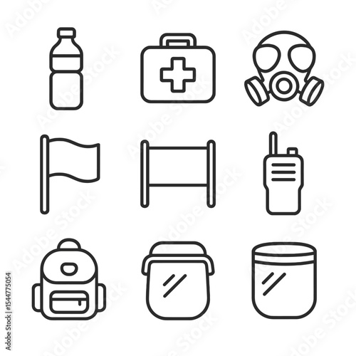 Protest Gear Icons. Outline icon set of protest paraphernalia: water bottle, first aid kit, gas mask, goggles, protest flag,