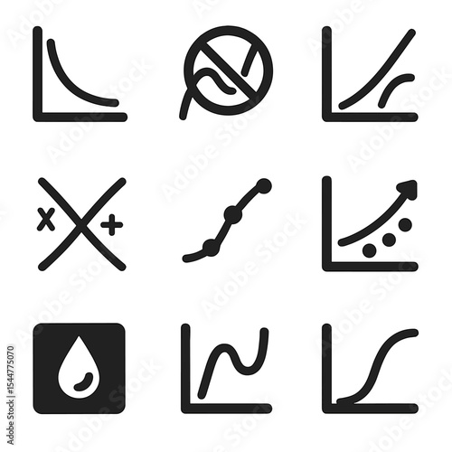 Machine Learning Icons. Solid, filled icons set of smoothing in machine learning models: loss curve,