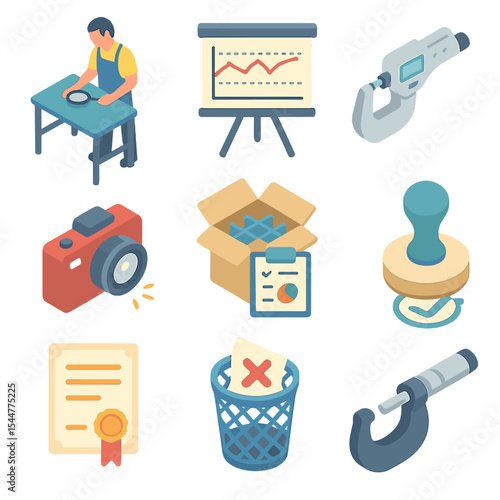 Quality Control Icons. Isometric Flat icon set of quality control processes: inspection table, SPC control chart, gauge caliper,