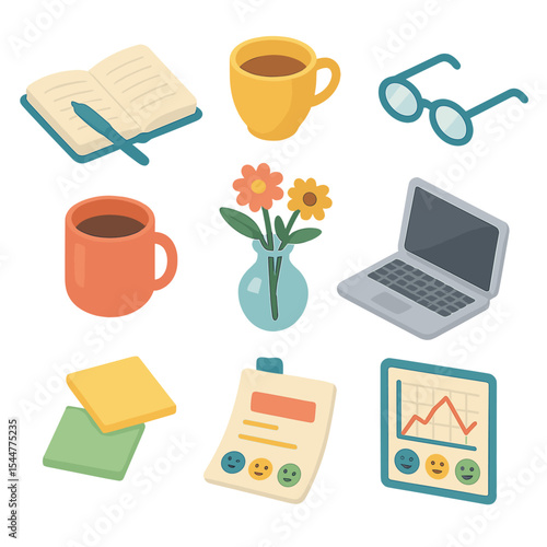 Therapeutic Journaling Icons. Isometric Flat icon set of therapeutic journaling: open notebook, pen, tea cup, reading glasses,