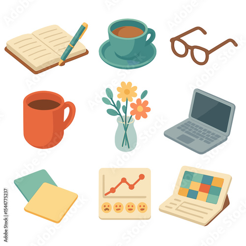 Therapeutic Journaling Icons. Isometric Flat icon set of therapeutic journaling: open notebook, pen, tea cup, reading glasses,