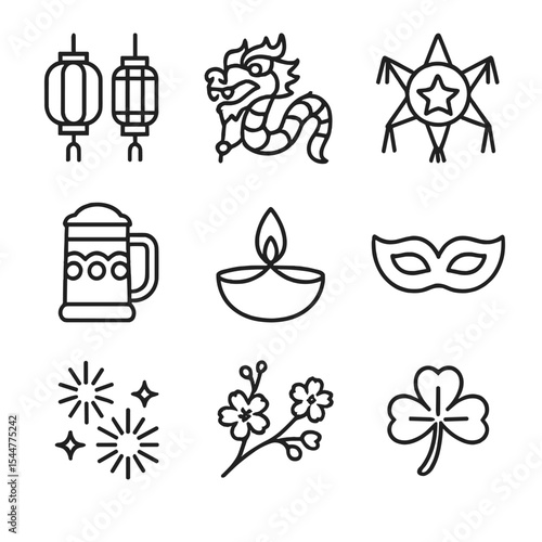 Global Festival Icons. Outline icon set of foreign festivals and holidays: lanterns, dragon dance, piñata, Diwali diya,