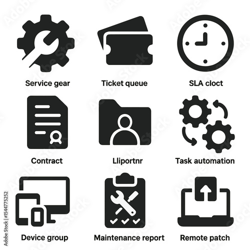 Managed Service Icons. Solid, filled icons set of managed service provider tools: service gear, ticket queue,