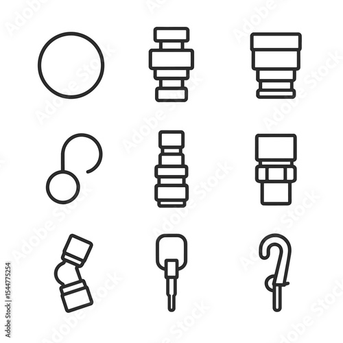 Quick Connect Icons. Outline icon set of quick disconnect couplings: identity ring, push-button coupler, flat-face coupling, dust
