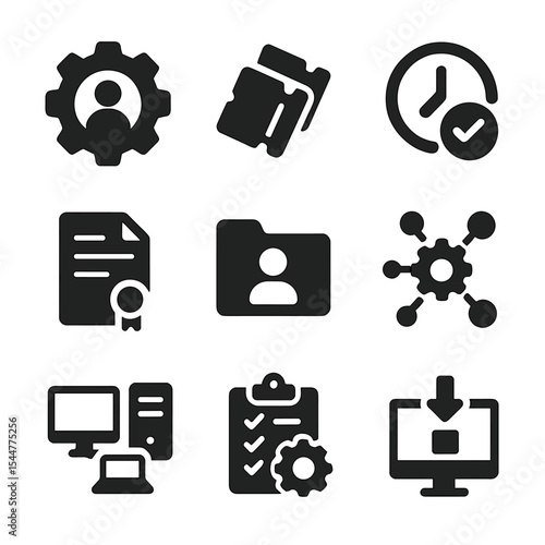 Managed Service Icons. Solid, filled icons set of managed service provider tools: service gear, ticket queue,