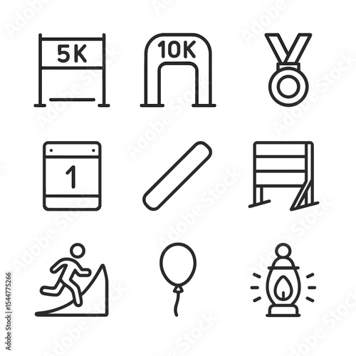 Race Event Icons. Outline icon set of race events: 5K start line, 10K finish arch, half-marathon medal, marathon bib, relay baton,