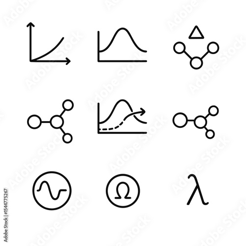 Quantum Chemistry Icons. Outline icon set of quantum chemistry reaction tunneling: reaction coordinate axis, potential energy