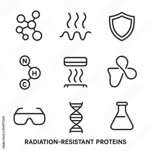 Radiation-Resistant Protein Icons. Outline icon set of radiation-resistant proteins design: protein structure, radiation wave,