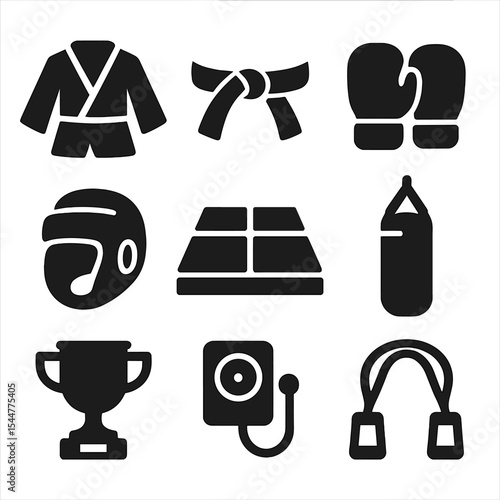 Martial Arts Icon Grid. Solid, filled icons set of martial arts practice: karate gi, black belt, boxing gloves