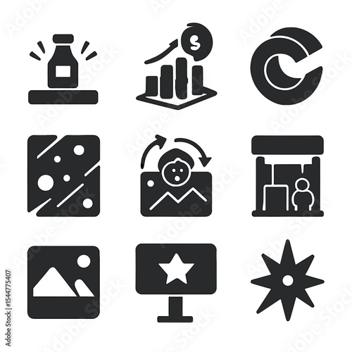 Marketing Visuals Icons. Solid, filled icons set of marketing visuals: product hero shot, 3D infographic, data