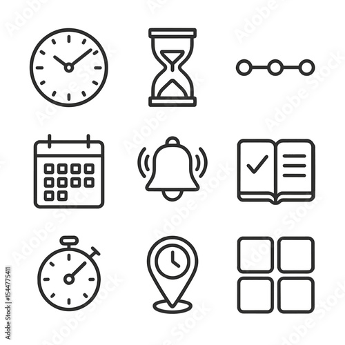 Time Management Icons. Outline icon set of time management: clock face, hourglass, timeline, calendar grid, alarm bell, schedule