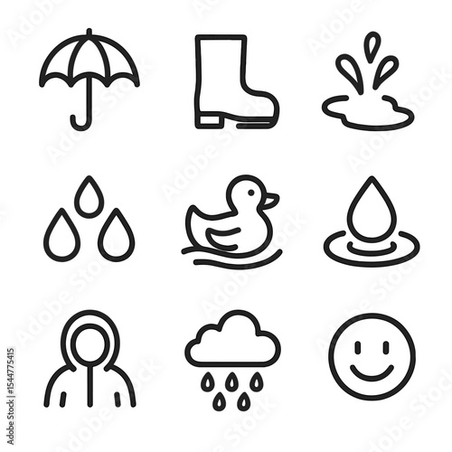 Rainy Day Icons. Outline icon set of rainy day fun shoots: umbrella canopy, rain boot, puddle splash, raindrop cluster, rubber