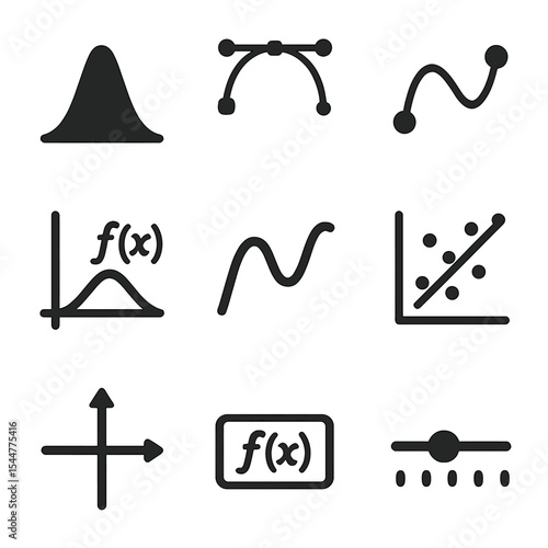 Mathematical Icon Grid. Solid, filled icons set of mathematical curve smoothing: Gaussian filter, B-spline,