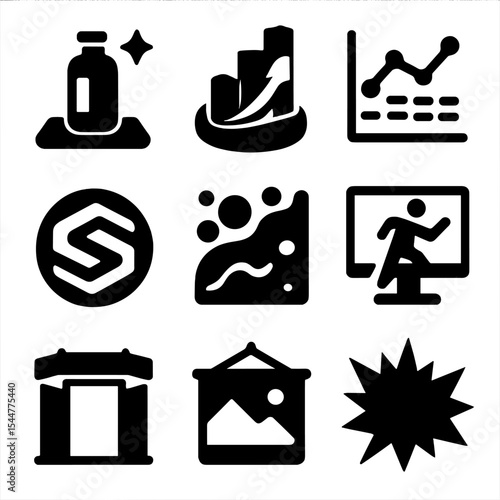 Marketing Visuals Icons. Solid, filled icons set of marketing visuals: product hero shot, 3D infographic, data