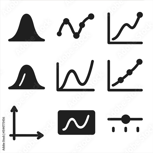 Mathematical Icon Grid. Solid, filled icons set of mathematical curve smoothing: Gaussian filter, B-spline,
