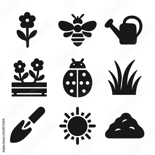 Meadowscaping Icons Grid. Solid, filled icons set of meadowscaping essentials: wildflower icon, bee icon, watering can, flower bed, ladybug icon, grass icon, garden tool, sunshine, soil icon.