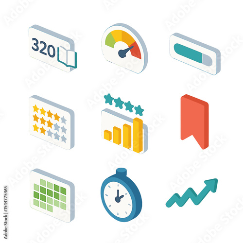 Reading Statistics Icons. Isometric Flat icon set of reading statistics: pages read counter, reading speed gauge, progress bar,