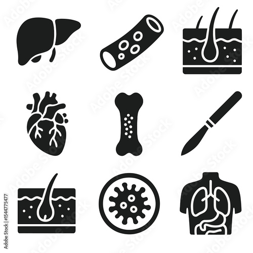 Medical Icon Grid. Solid, filled icons set of medical visualization: 3D organ, blood vessel, skin layer,