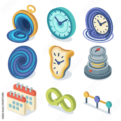Time Travel Icons. Isometric Flat icon set of time travel concept: pocket watch portal, futuristic clock face, wormhole clock