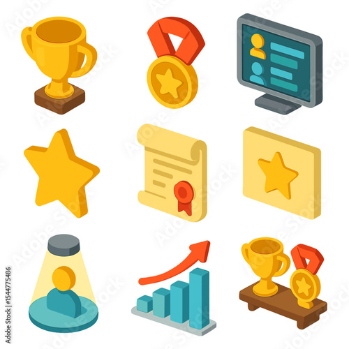 Recognition Icons Grid. Isometric Flat icon set of contributor recognition and rewards: trophy cup, medal badge, leaderboard