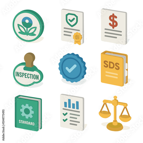 Grease Trap Compliance Icons. Isometric Flat icon set of grease trap regulatory compliance: EPA logo, compliance certificate, fine