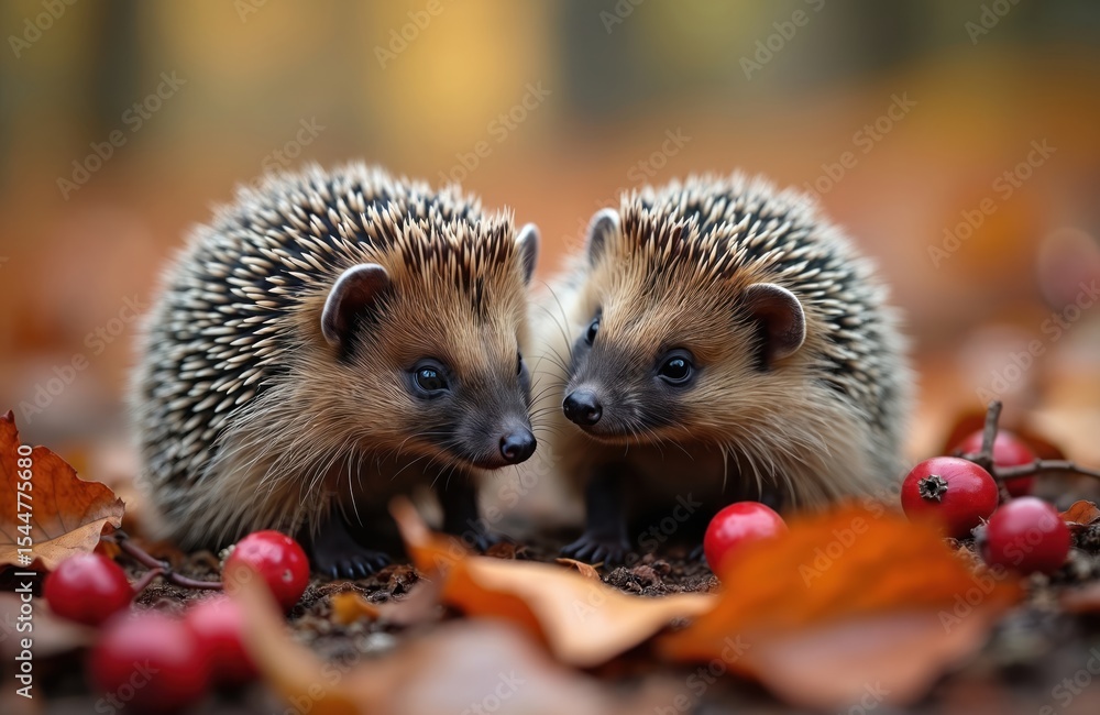 Fototapeta premium Two european green hedgehogs in autumn forest with fall leaves and red berries. Prickly animals in wild nature habitat. Cute animals family. Wildlife portrait. Brown needles with spiky spines.
