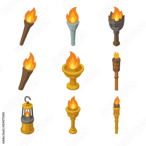 Traditional Torch Icons. Isometric Flat icon set of traditional torches: handheld wooden torch, Olympic relay torch, medieval iron