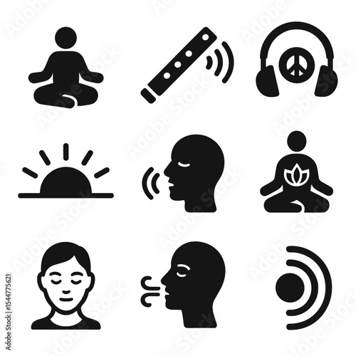 Meditation Icons Grid. Solid, filled icons set of music-assisted meditation: lotus pose, flute sound, peaceful