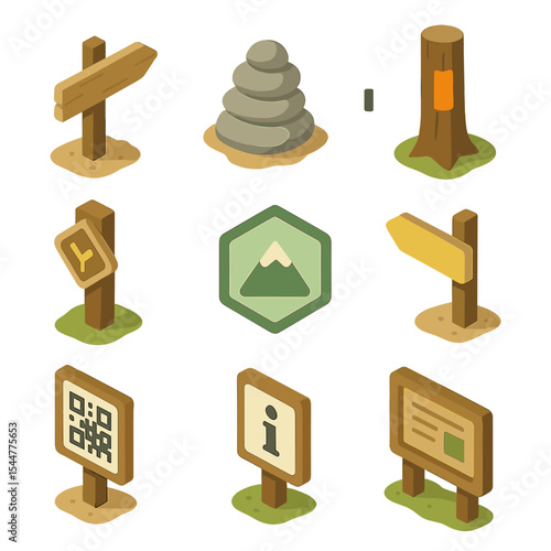 Trail Marker Icons. Isometric Flat icon set of trail markers and signage: wooden trail sign, cairn stack, blazed tree, kilometer