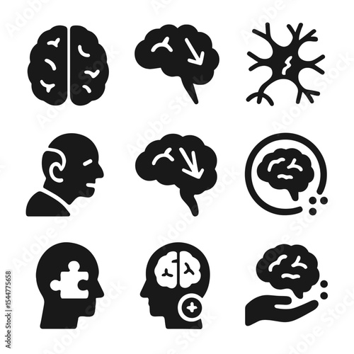 Memory Decline Icons. Solid, filled icons set of age and memory changes