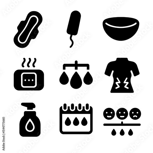 Menstrual Health Icons. Solid, filled icons set of menstrual health: period pad, tampon, menstrual disc, heat