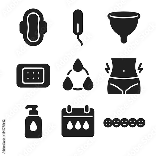 Menstrual Health Icons. Solid, filled icons set of menstrual health: period pad, tampon, menstrual disc, heat